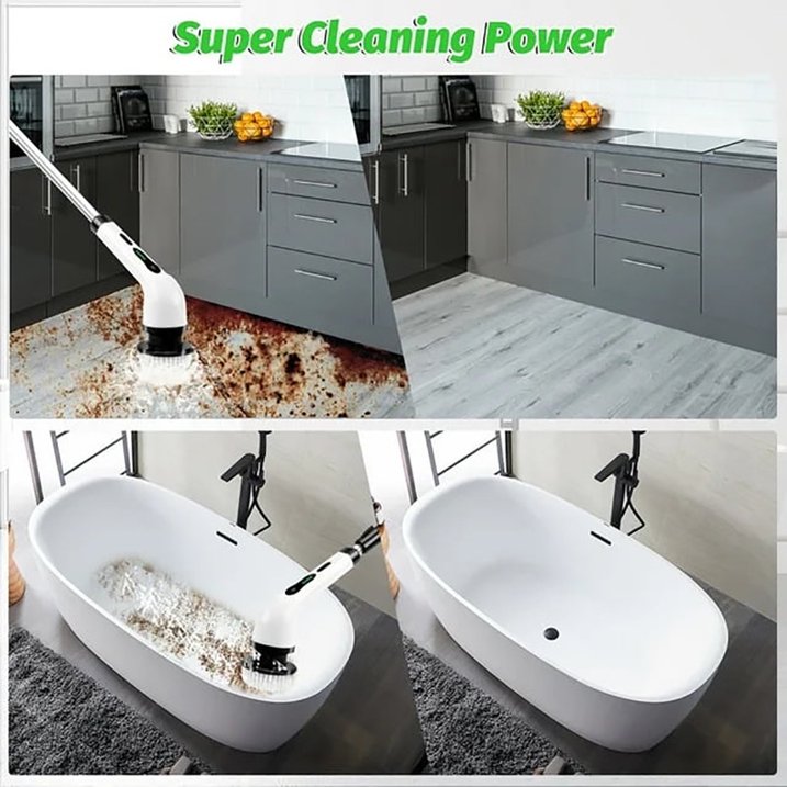 Electric Spin Scrubber, Cordless Cleaning Brush with 2H Power Dual Speed, Adjustable Extension Handle 9 Replaceable Brush Heads, IPX7 Waterproof for Bathroom Tub Tile Floor Car