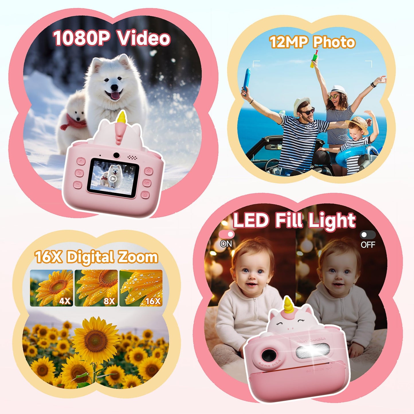 Hoofun Kids Camera Instant Print, 2.0 inch Digital Toddler Camera, Toys Gift for Girls 3-15 Years Old with 3 Rolls of Photo Paper and a 32G Card Pink