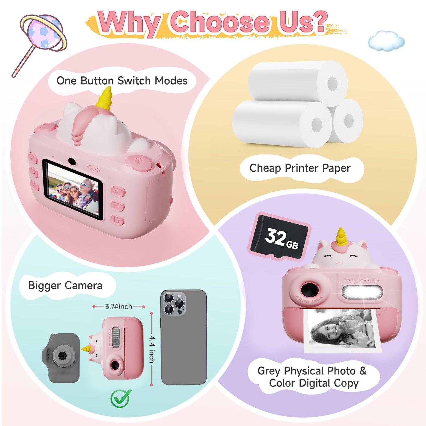 Hoofun Kids Camera Instant Print, 2.0 inch Digital Toddler Camera, Toys Gift for Girls 3-15 Years Old with 3 Rolls of Photo Paper and a 32G Card Pink