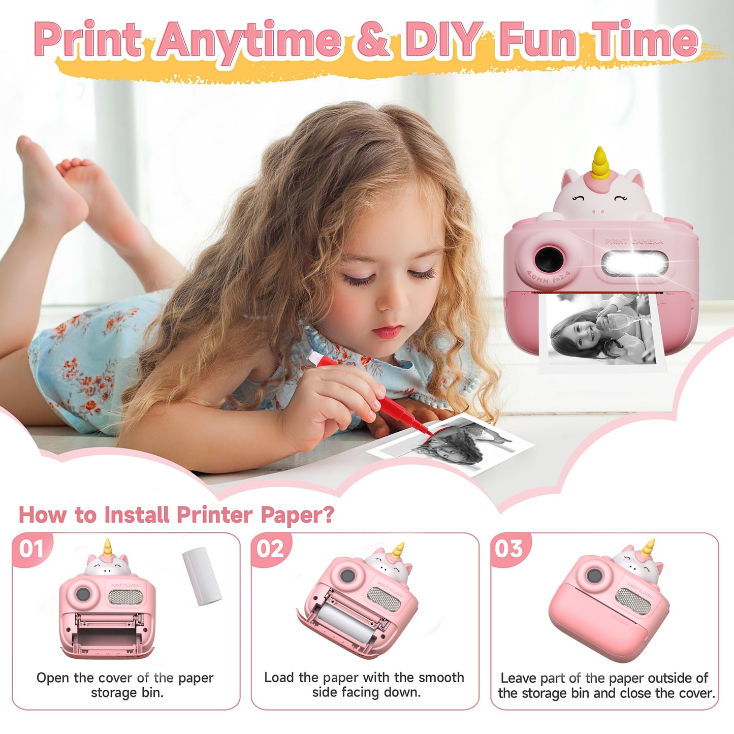 Hoofun Kids Camera Instant Print, 2.0 inch Digital Toddler Camera, Toys Gift for Girls 3-15 Years Old with 3 Rolls of Photo Paper and a 32G Card Pink