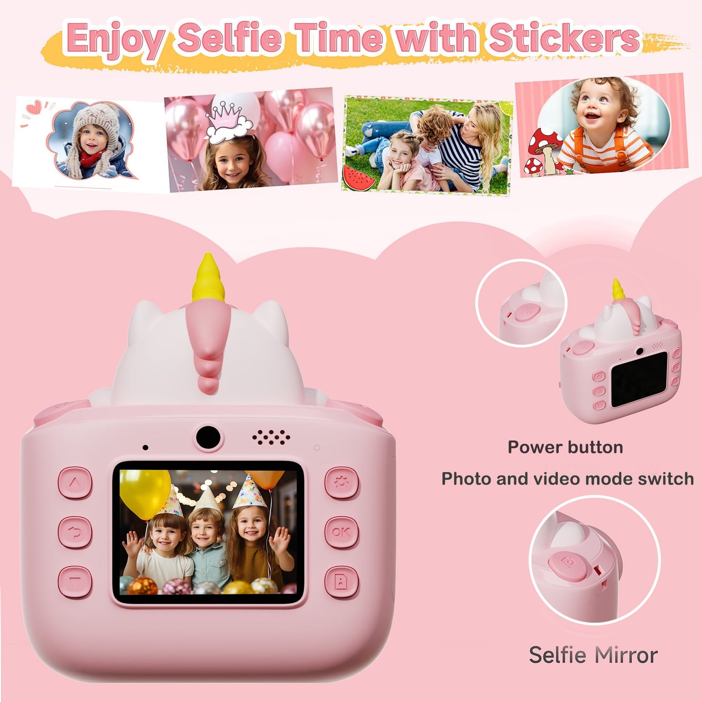 Hoofun Kids Camera Instant Print, 2.0 inch Digital Toddler Camera, Toys Gift for Girls 3-15 Years Old with 3 Rolls of Photo Paper and a 32G Card Pink
