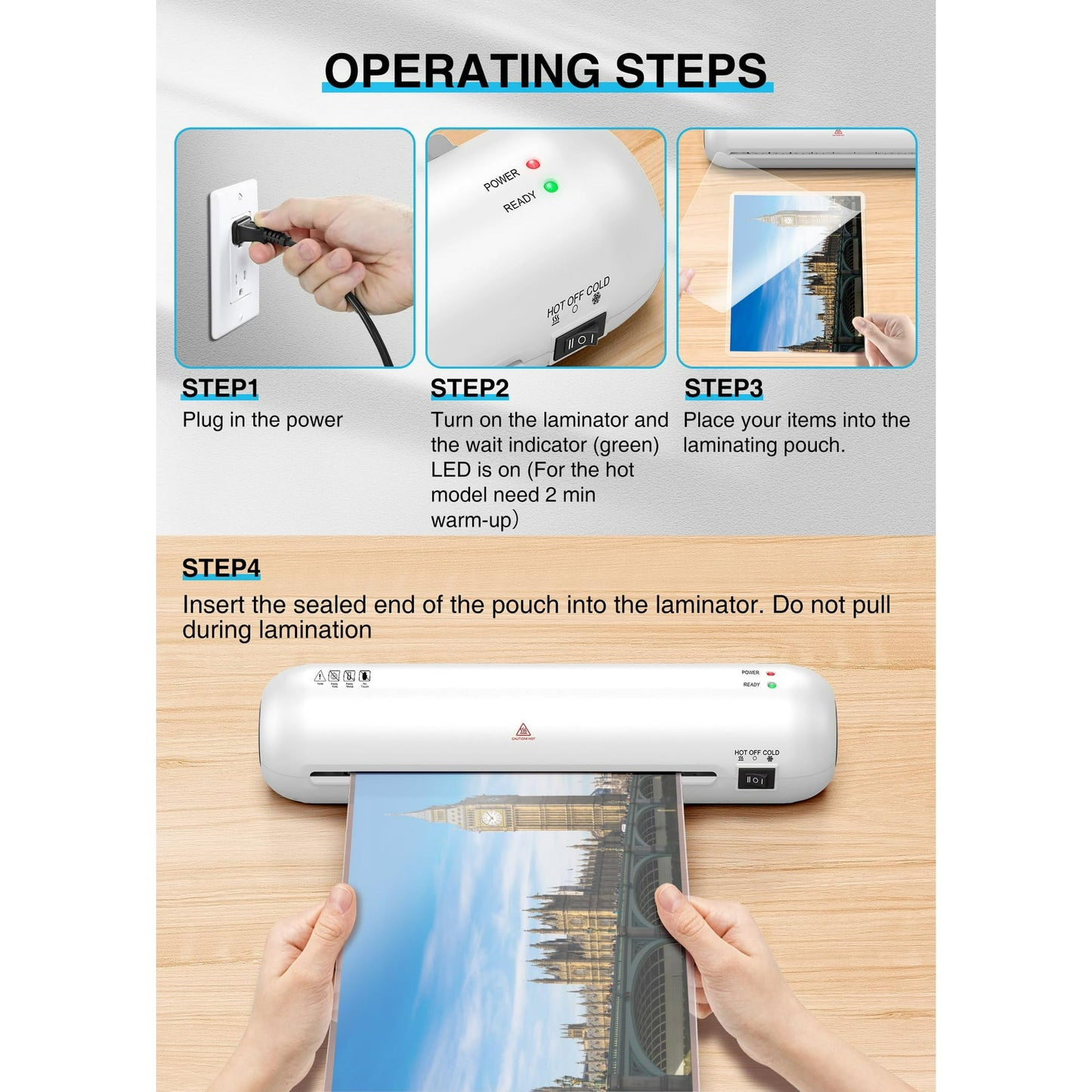 A4 Laminator Machine,6-in-1 Thermal Laminator Kit with 2-Min Quick Heat Hot & Cold Modes Jam-Free Design Portable Laminating Machine for Office School Home