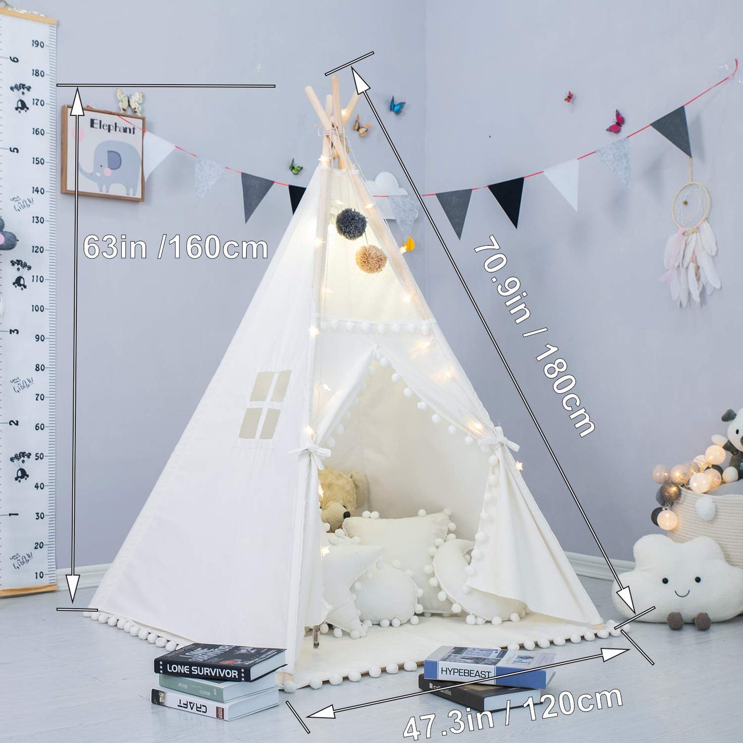 WHATOOK Cotton Canvas Toddler Tent - Washable Foldable Teepee Tent for Kids Indoor Tent, Outdoor Play Tent for Girls & Boys(1.6m)