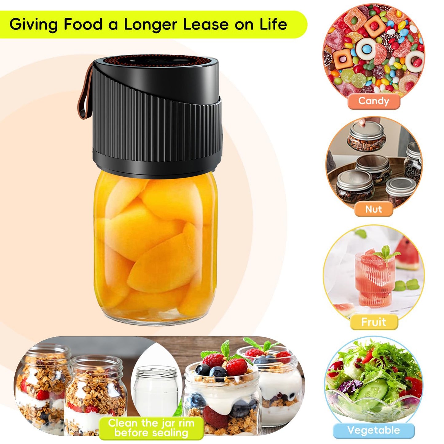 Hoofun Electric Mason Jars Vacuum Sealer, Fully Automatic 4 in 1 Feature Suitable for Vacuum Bag, Wine Bottle, Wide and Regular Mouth Mason Jar Lids, Vacuum Container Food Seal Storage