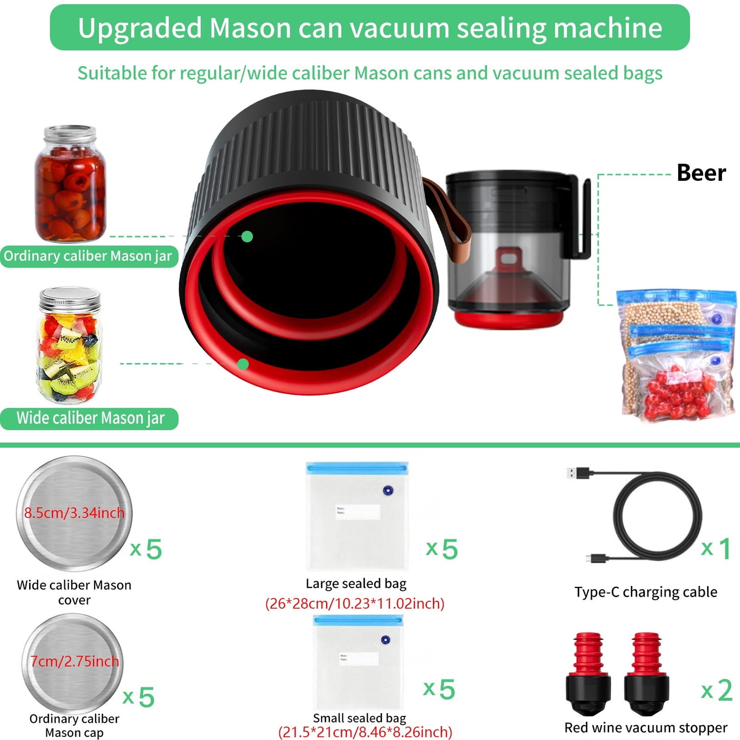 Henotian Electric Mason Jars Vacuum Sealer, Fully Automatic 4 in 1 Feature Suitable for Vacuum Bag, Wine Bottle, Wide and Regular Mouth Mason Jar Lids, Vacuum Container Food Seal Storage