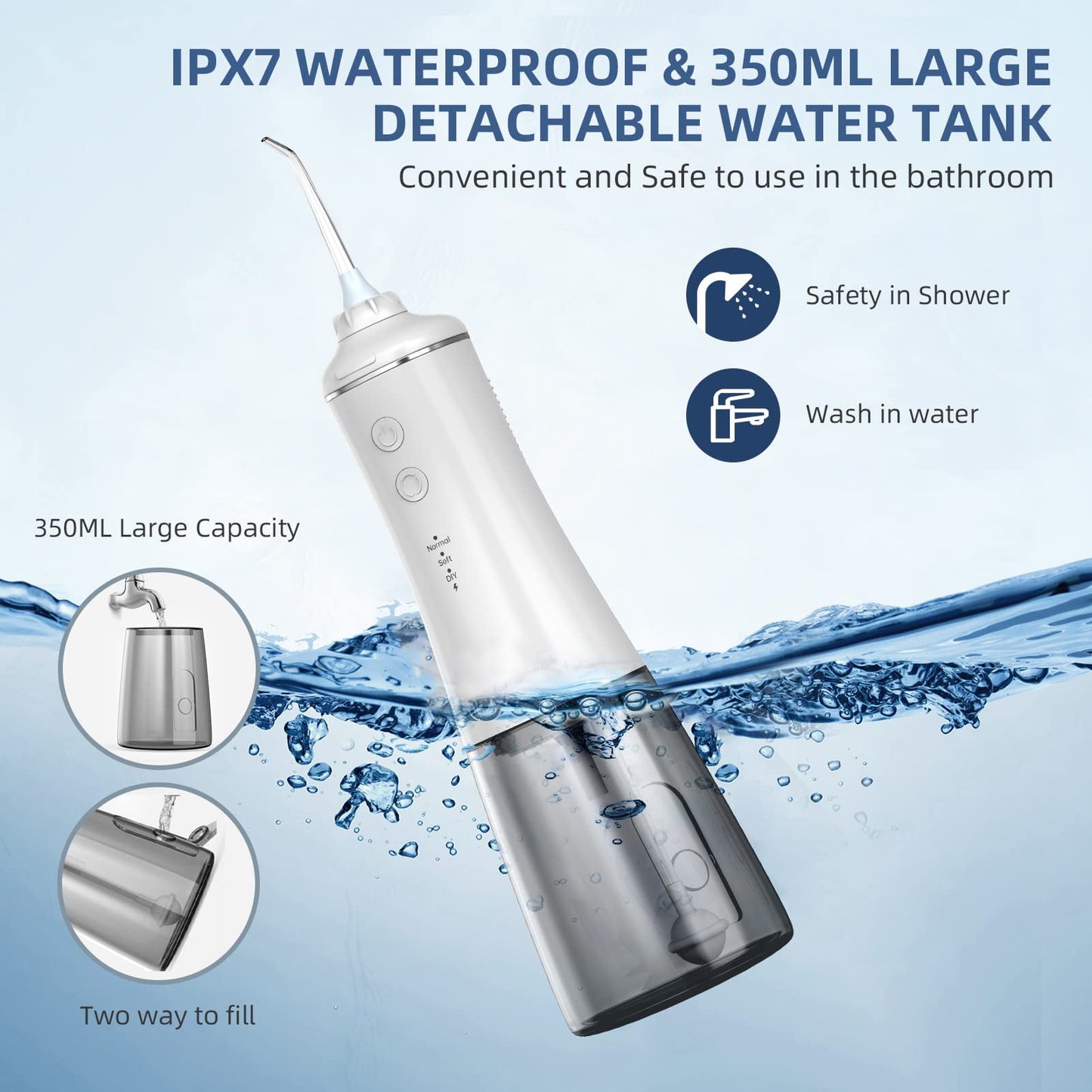 Hoofun Cordless Water Flosser, Dental Oral Irrigator, 3 Modes, 5 Jet Tips, 350ML Portable Rechargeable Waterproof Teeth Cleaner for Home Office and Travel