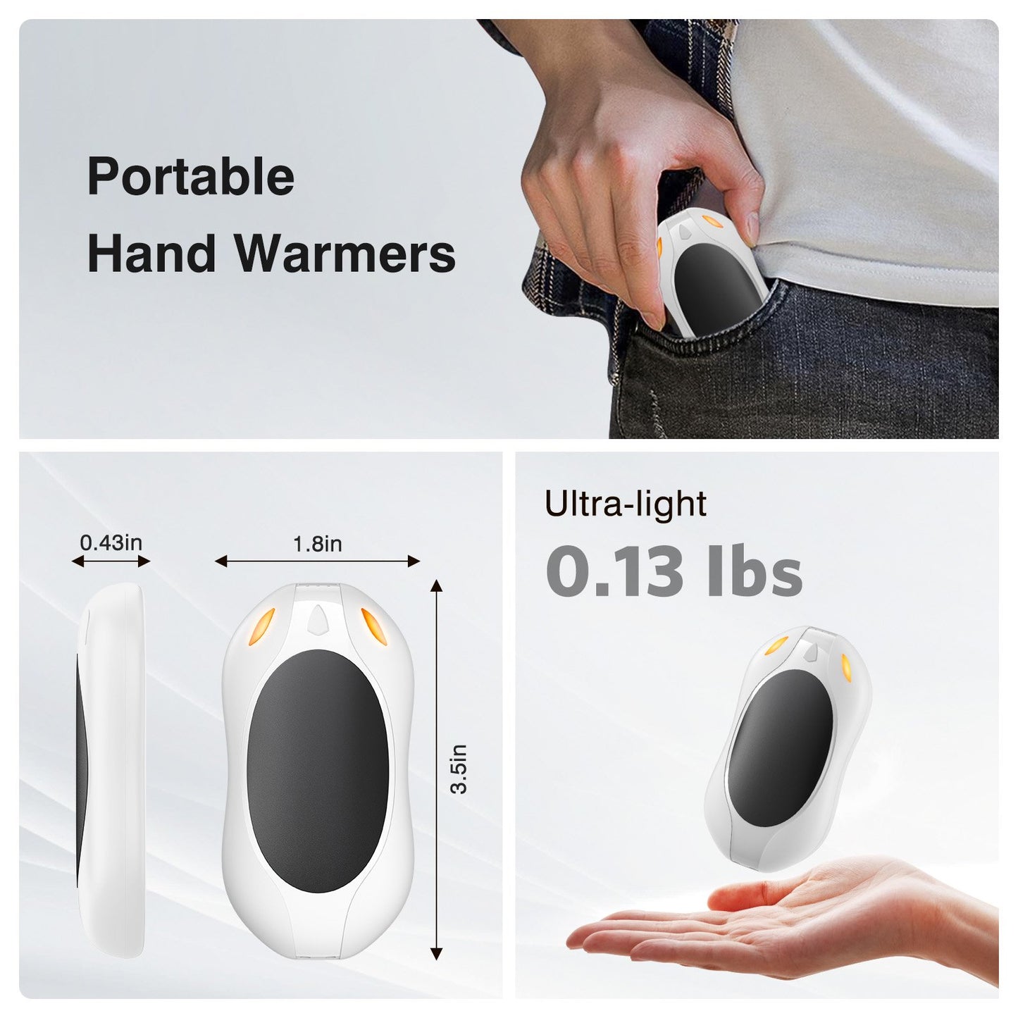 Hand Warmers Rechargeable 2 Pack,Portable Electric Hand Warmer 2 in 1 Magnetic Reusable Heater Pocket Gifts 3 Heat Settings for Men Women Outdoor Camping Golf Hunting Gift-White