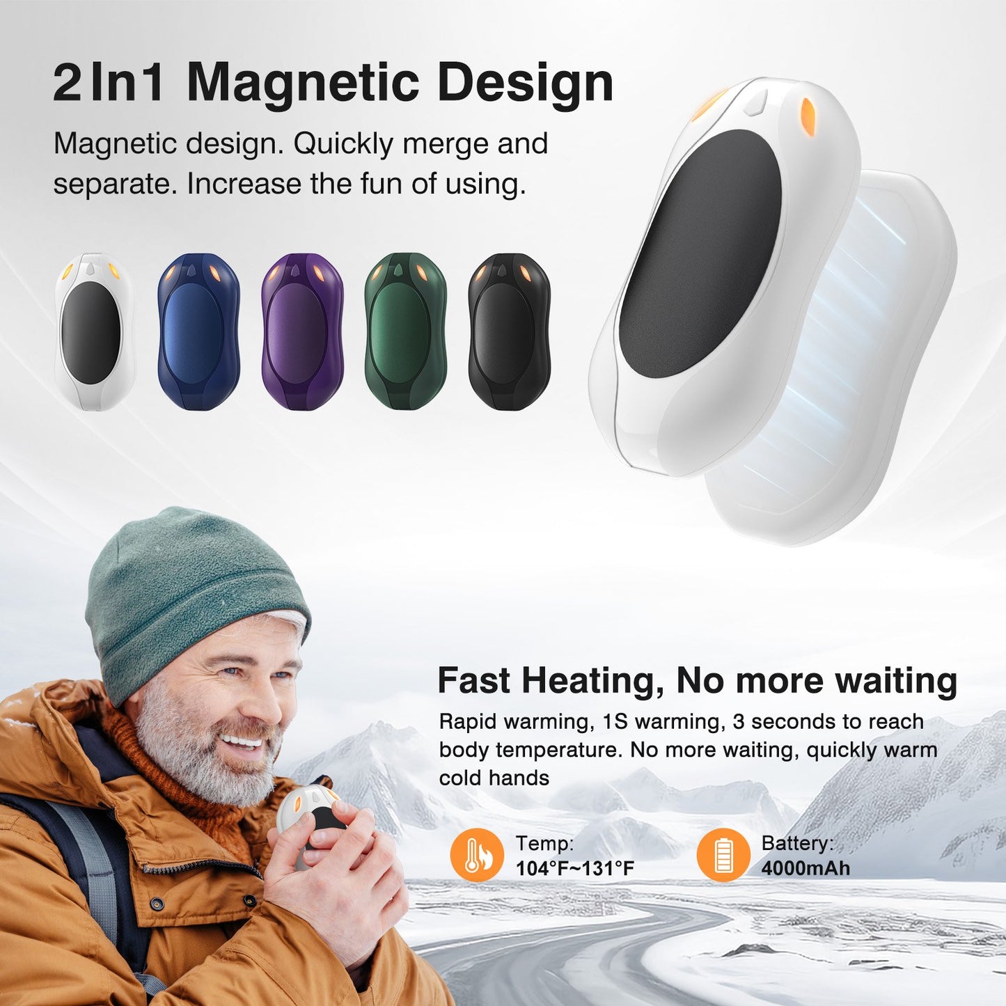 Hand Warmers Rechargeable 2 Pack,Portable Electric Hand Warmer 2 in 1 Magnetic Reusable Heater Pocket Gifts 3 Heat Settings for Men Women Outdoor Camping Golf Hunting Gift-White