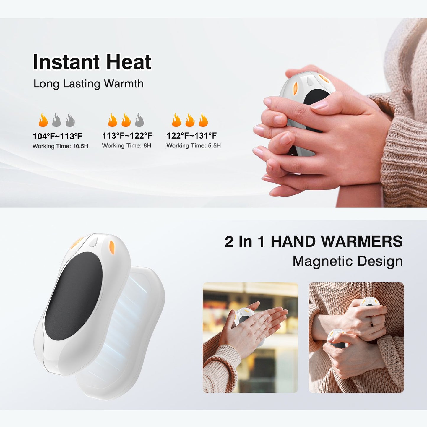 Hand Warmers Rechargeable 2 Pack,Portable Electric Hand Warmer 2 in 1 Magnetic Reusable Heater Pocket Gifts 3 Heat Settings for Men Women Outdoor Camping Golf Hunting Gift-White