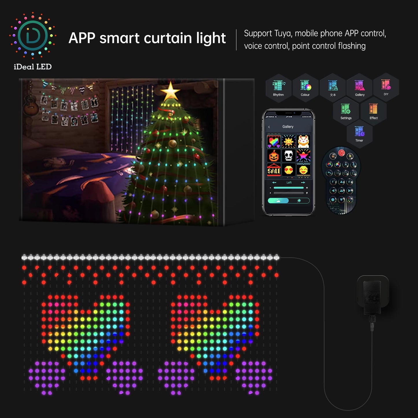 WHATOOK LED DIY Curtain Lights WiFi SmartString Window Lights Work with Google Assistant,Remote APP Rainbow RGB Color Changing Fairy Lights for Holiday Decor Indoor Outdoor