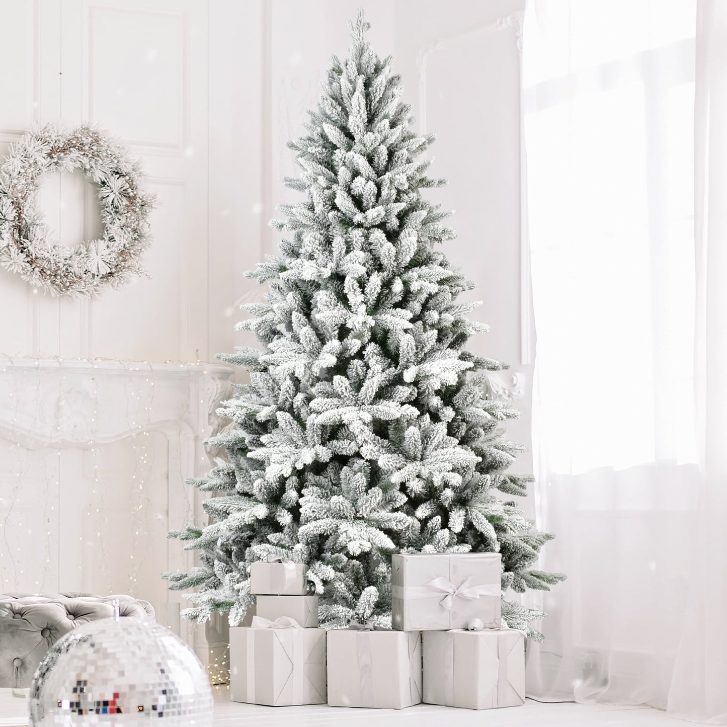 WHATOOK 6ft Snow Flocked Christmas Tree, Artificial Full Christmas Tree, Christmas Pine Tree with 1100 PVC Branch Tips, Foldable Metal Stand, Hinged Branches, White