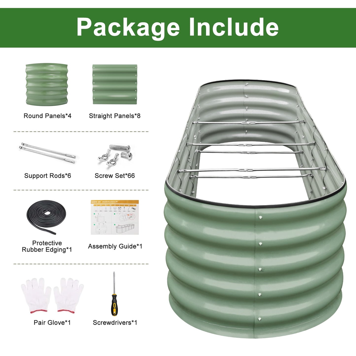 HOOFUN 17" Tall Metal Raised Garden Bed, 9 in 1 Garden Raised 8ftX2ft Garden Bed Kits for Vegetables Flowers, Oval Outdoor Planter Box w/ 6 Support Bars - Olive Green