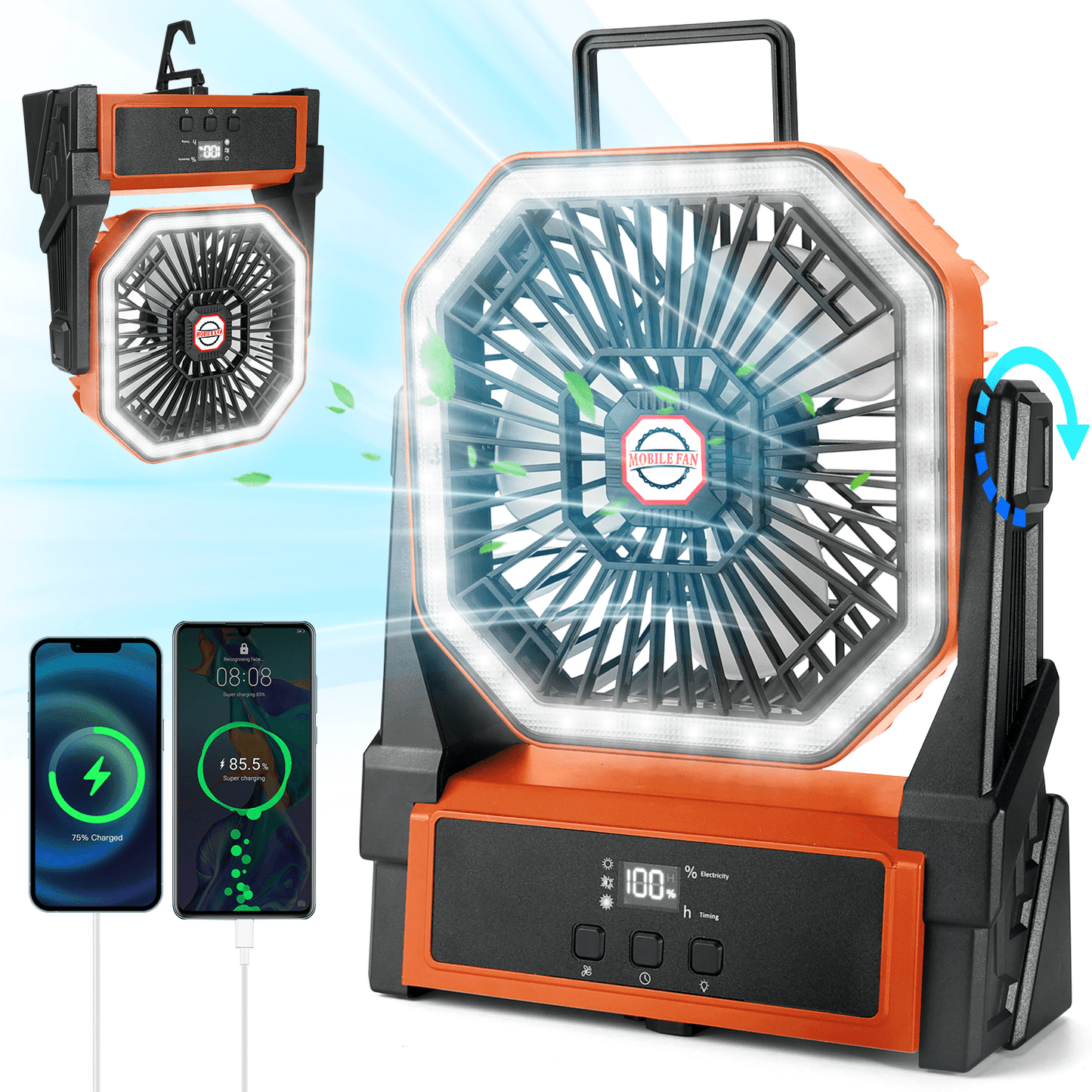 Henotian Camping Fan,Portable Fan for Travel, 20000mAh Rechargeable Desk fan, Battery Operated Fan with Hanging Hook for Tent,Office,Travel,Fishing,Picnic
