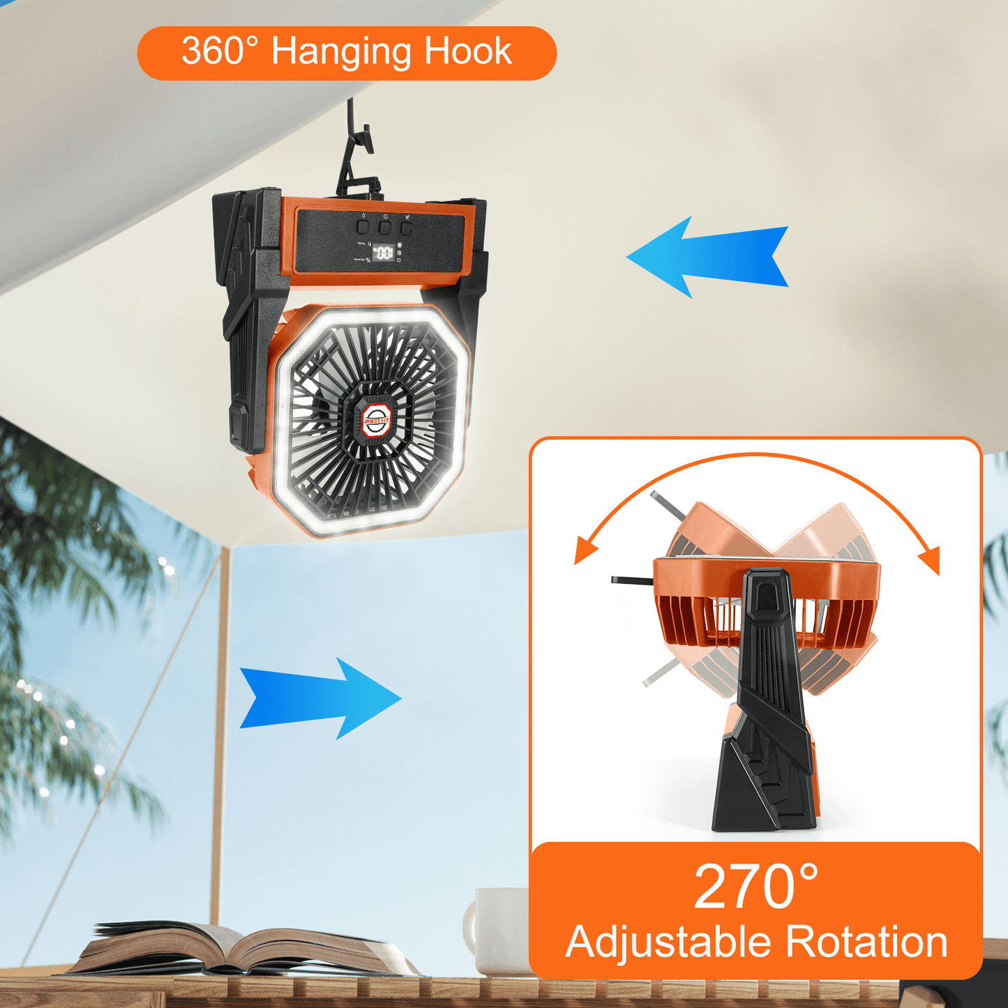 Henotian Camping Fan,Portable Fan for Travel, 20000mAh Rechargeable Desk fan, Battery Operated Fan with Hanging Hook for Tent,Office,Travel,Fishing,Picnic