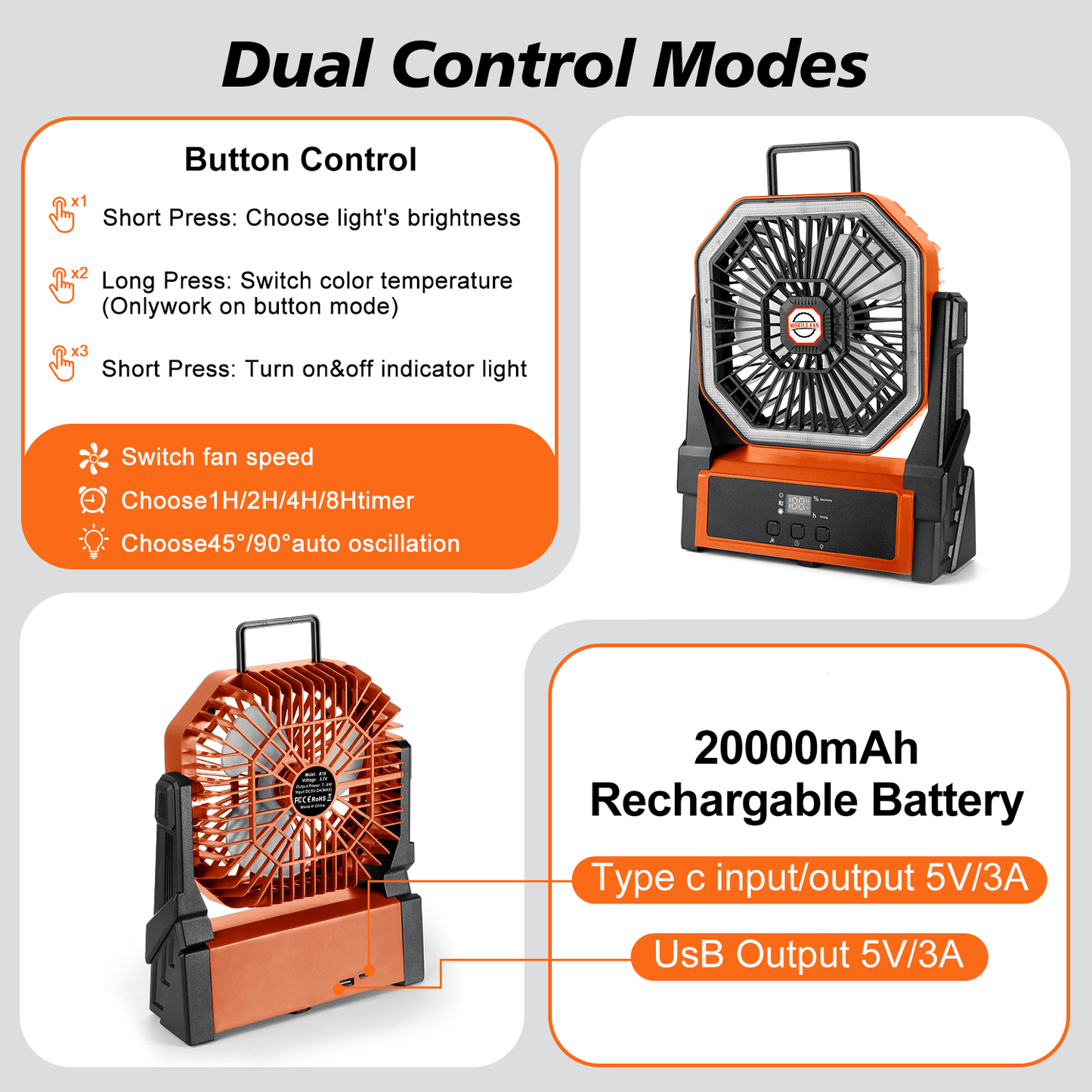 Henotian Camping Fan,Portable Fan for Travel, 20000mAh Rechargeable Desk fan, Battery Operated Fan with Hanging Hook for Tent,Office,Travel,Fishing,Picnic