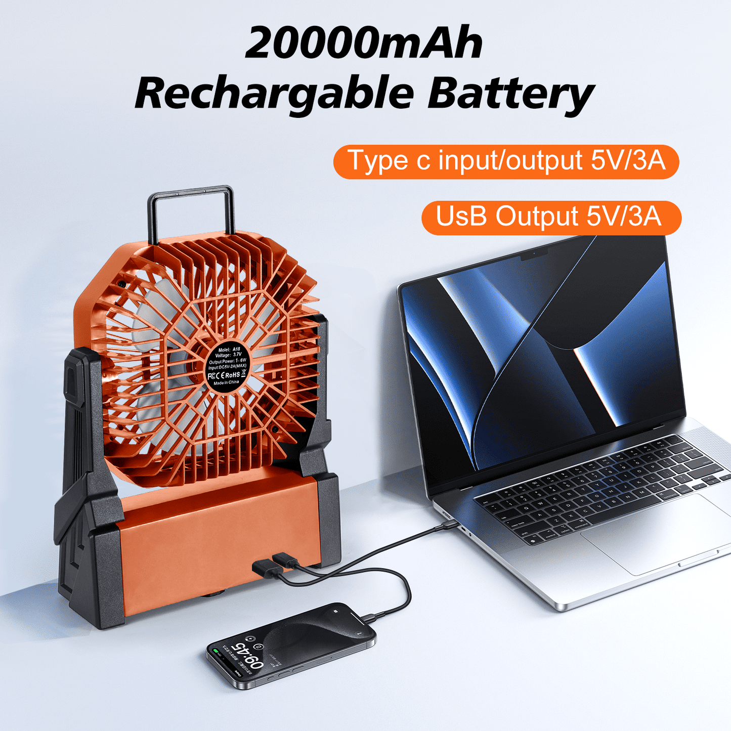 Henotian Camping Fan,Portable Fan for Travel, 20000mAh Rechargeable Desk fan, Battery Operated Fan with Hanging Hook for Tent,Office,Travel,Fishing,Picnic