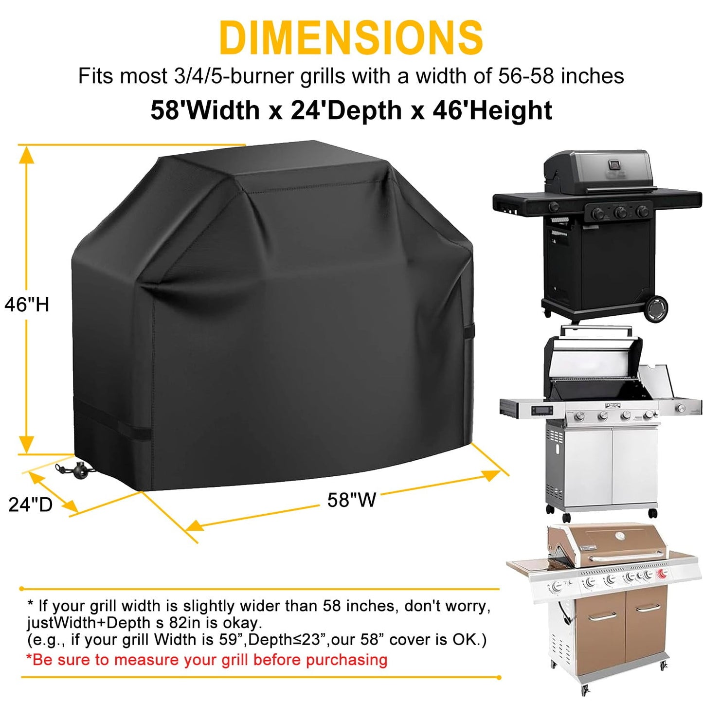 Grill Cover, 58 inch BBQ Gas Grill Cover for Outdoor Grill, Waterproof, Anti-UV, Rip-Proof, Fade Resistant Material, Barbecue Cover with Hook-and-Loop Straps Adjustable Hem Drawstring, Black