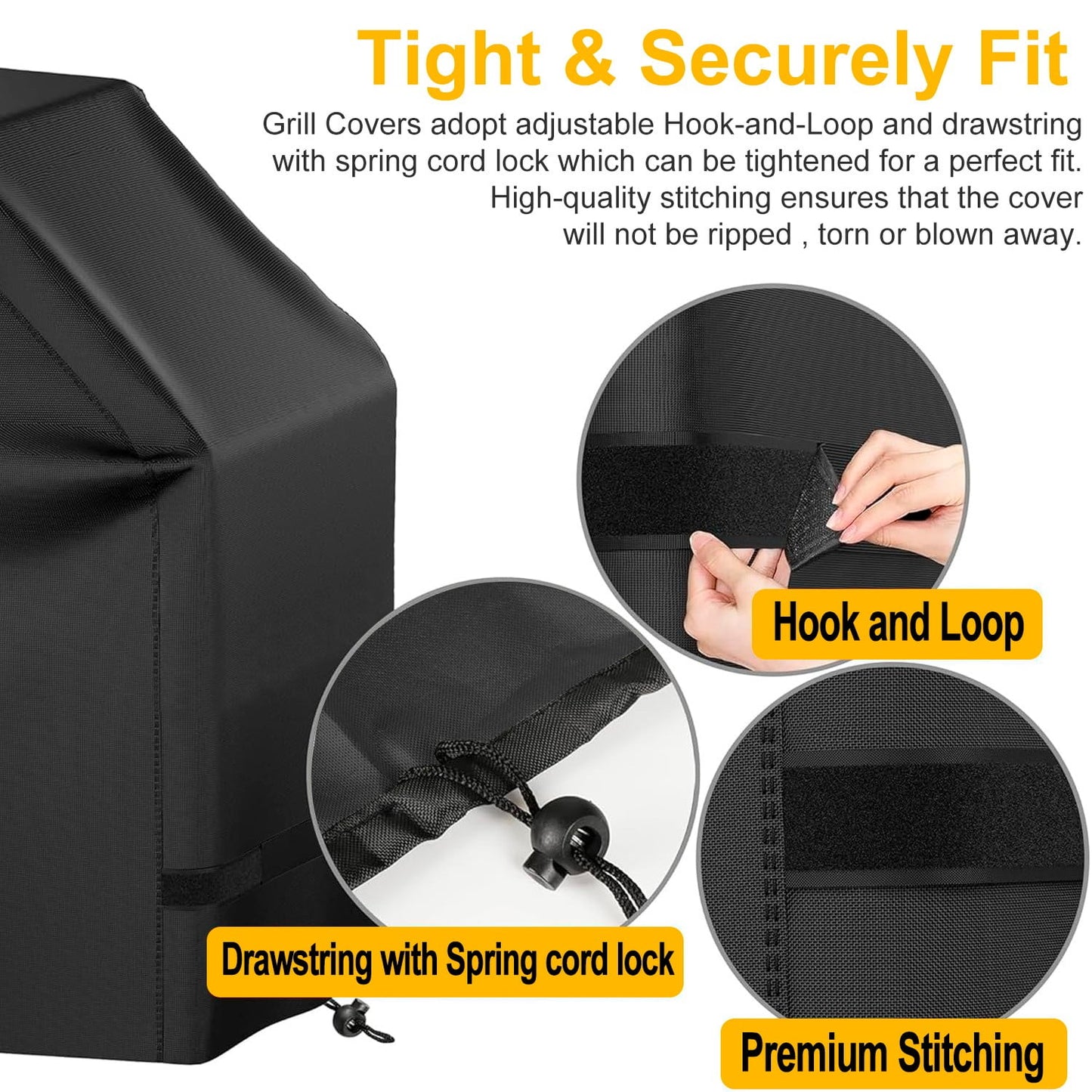 Grill Cover, 58 inch BBQ Gas Grill Cover for Outdoor Grill, Waterproof, Anti-UV, Rip-Proof, Fade Resistant Material, Barbecue Cover with Hook-and-Loop Straps Adjustable Hem Drawstring, Black
