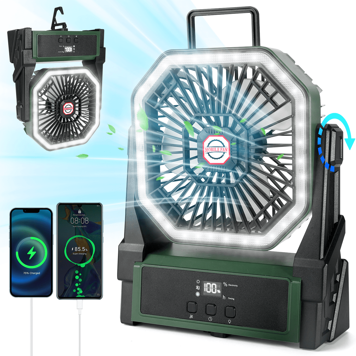 Camping Fan,Portable Fan Rechargeable with LED Lantern,20000mAh Portable Battery Operated Outdoor Fan with Hanging Hook for Travel, Hiking, Fishing, Picnic,Camping Tent,Office