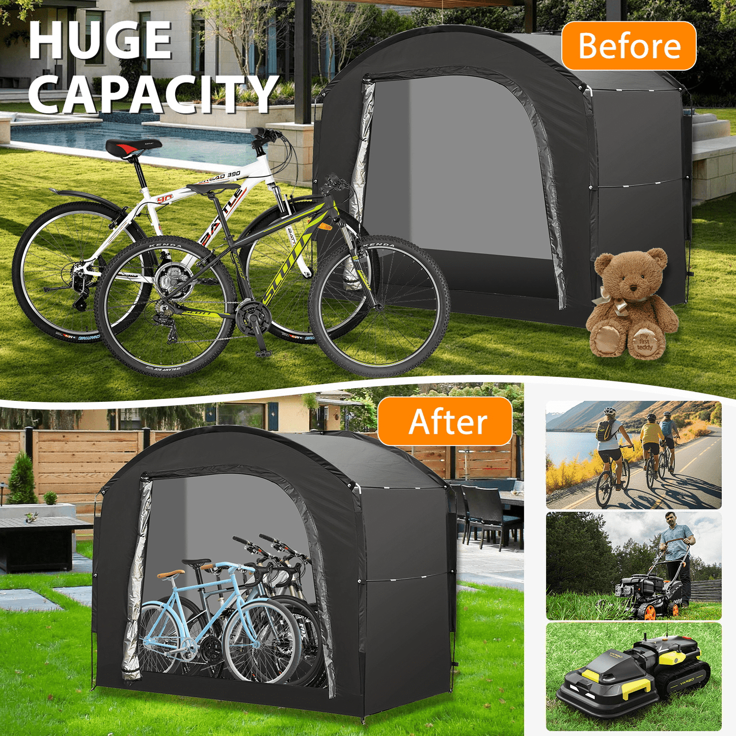 Hoofun Bike Storage Tent with 210D Oxford Fabric PU4000 Waterproof,Heavy-Duty Bike Shelter for 4-5 Bikes Motorcycles Lawn Mowers,Outdoor Bike Shed Cover for Backyard Garage Camping Tools