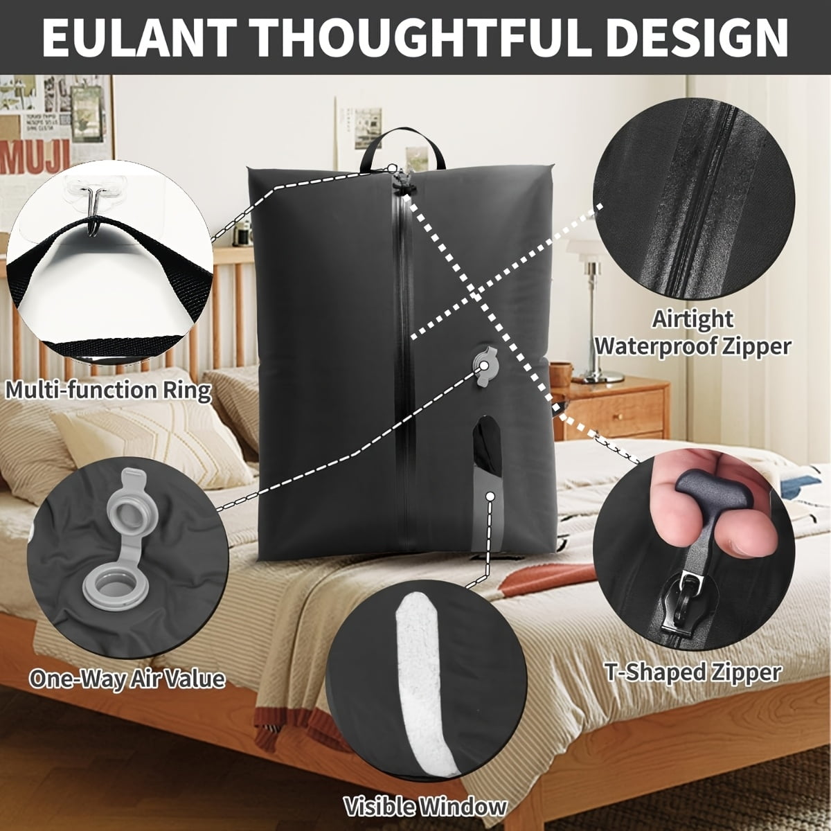 HOOFUN TPU Vacuum Bag for Travel, Reusable Compression Bag with IPX8 Waterproof Zipper, Save Space for Suitcase, Backpack and Carry on (ExtraLarge, No Pump)