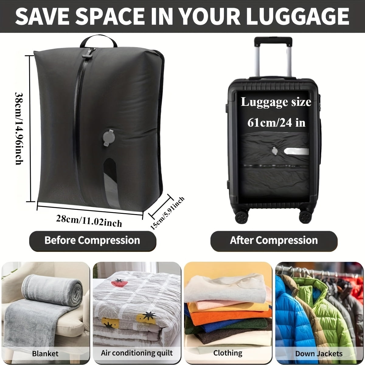 HOOFUN TPU Vacuum Bag for Travel, Reusable Compression Bag with IPX8 Waterproof Zipper, Save Space for Suitcase, Backpack and Carry on (ExtraLarge, No Pump)