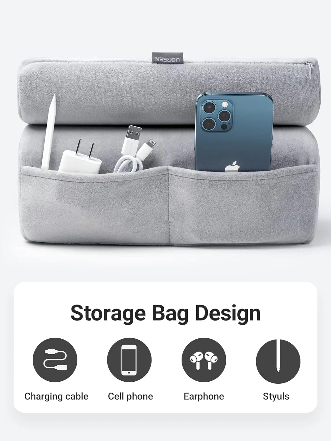 iPad Stand Pillow, Adjustable Tablet Holder for Sofa/Desk/Bed, Phone Holder,3 Viewing Angles, Sponge Rubber Material, Grey