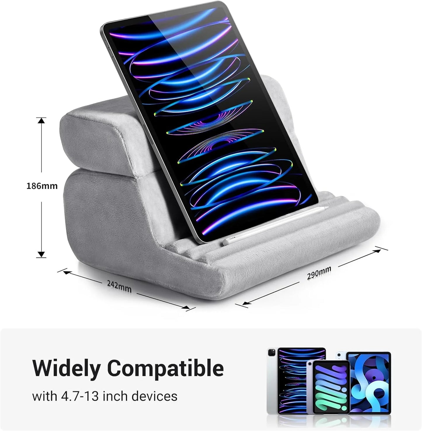 iPad Stand Pillow, Adjustable Tablet Holder for Sofa/Desk/Bed, Phone Holder,3 Viewing Angles, Sponge Rubber Material, Grey