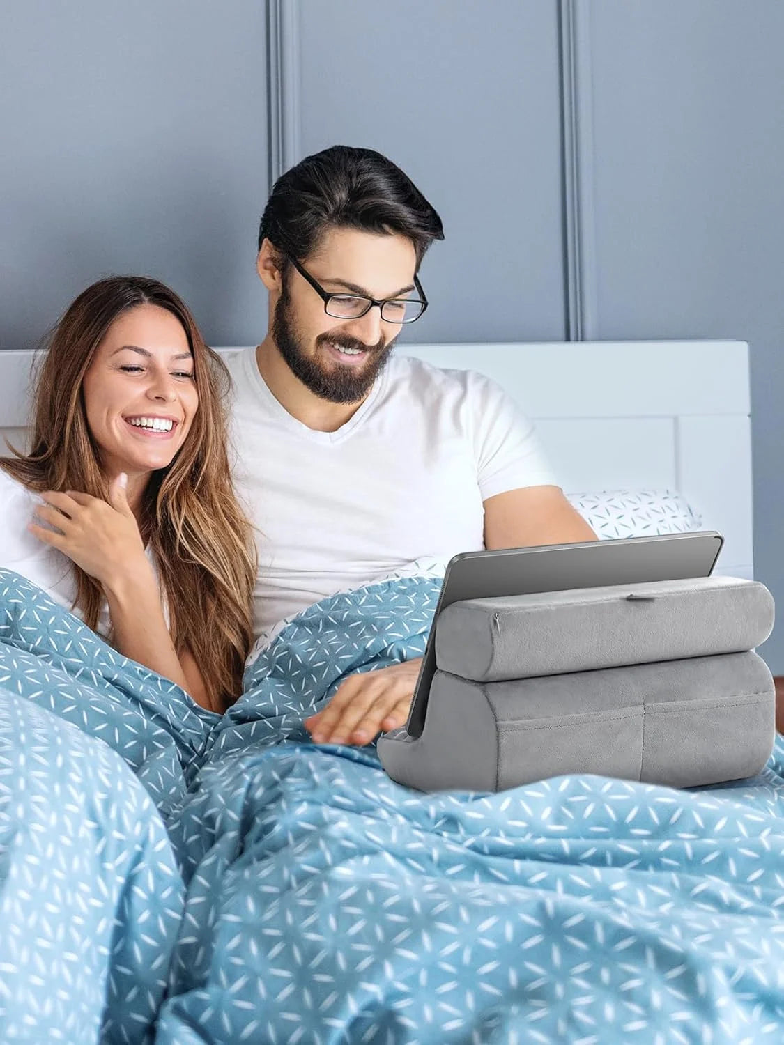 iPad Stand Pillow, Adjustable Tablet Holder for Sofa/Desk/Bed, Phone Holder,3 Viewing Angles, Sponge Rubber Material, Grey