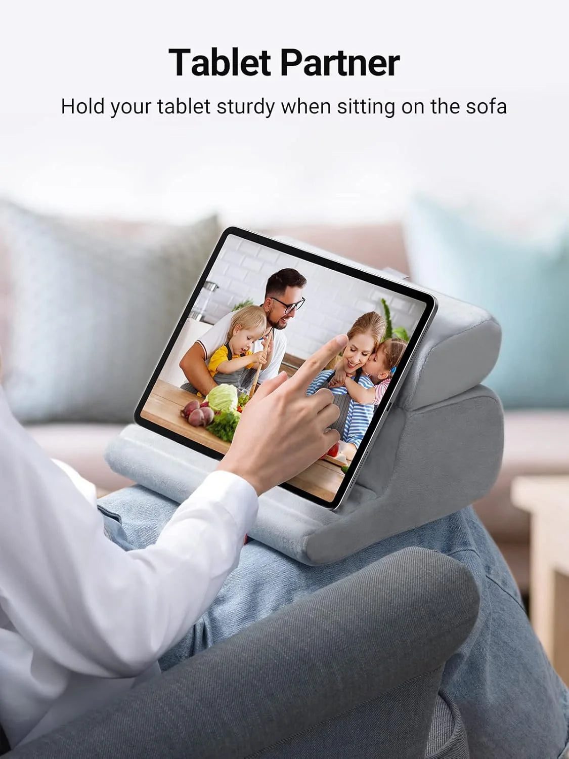 iPad Stand Pillow, Adjustable Tablet Holder for Sofa/Desk/Bed, Phone Holder,3 Viewing Angles, Sponge Rubber Material, Grey
