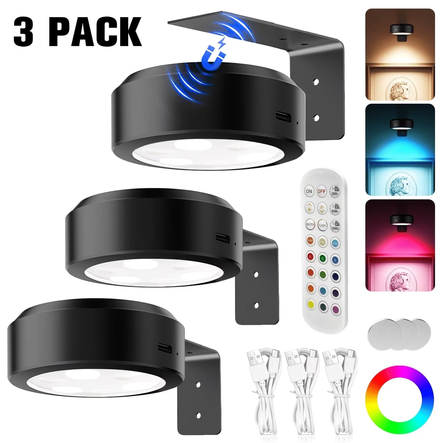 Picture Lights for Wall, 2000mAh Rechargeable Magnetic Light, 2 Color Modes and 13 RGB, Dimmable Timer Painting Light, Picture Light for Art Display and Picture, Black, 3 Pack