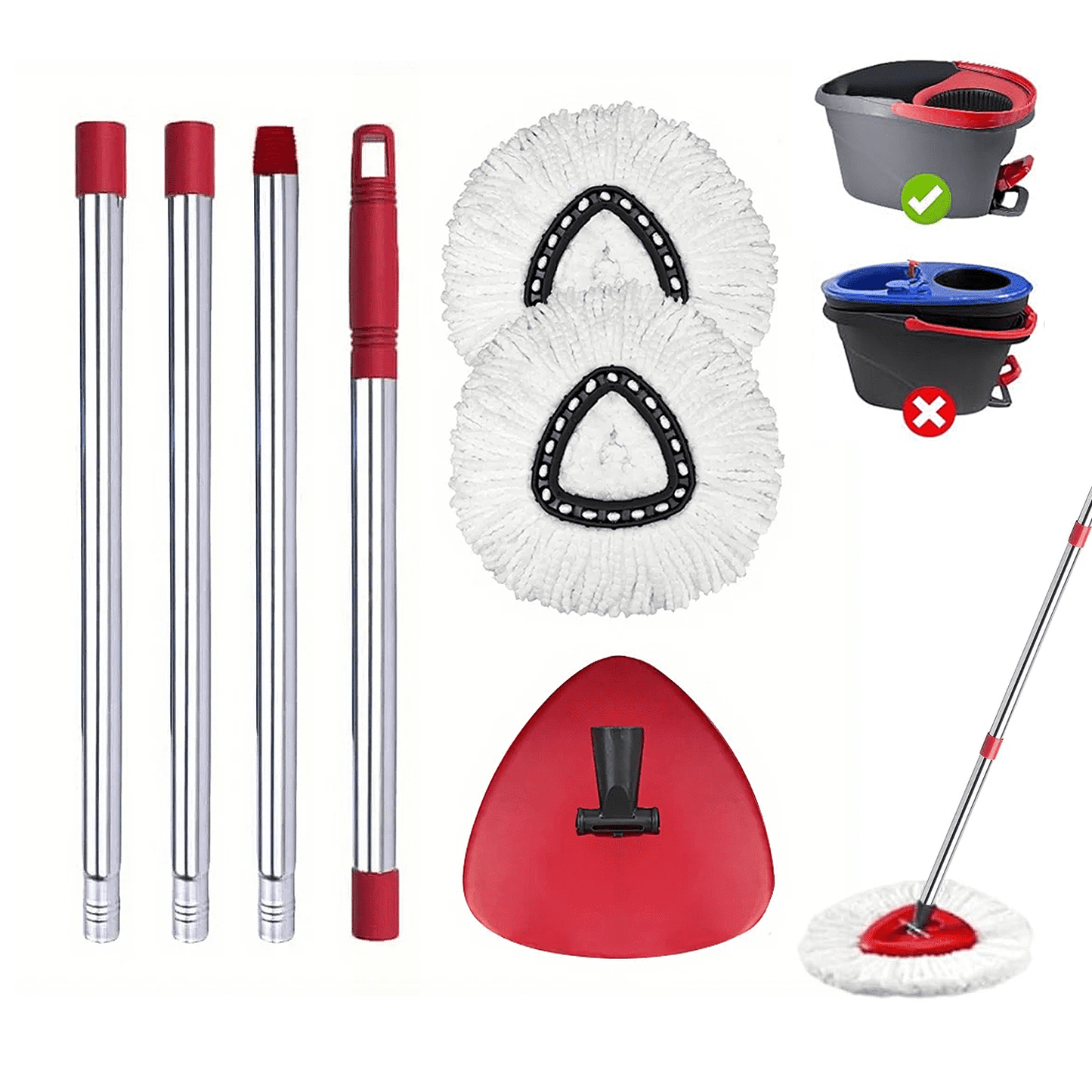 Spin Mop — 2*Replacement Head + 1*Handle + 1*Base, Compatible with O-Cedar Easywring 1-Tank System, Spin Mop Accessory Machine Washable
