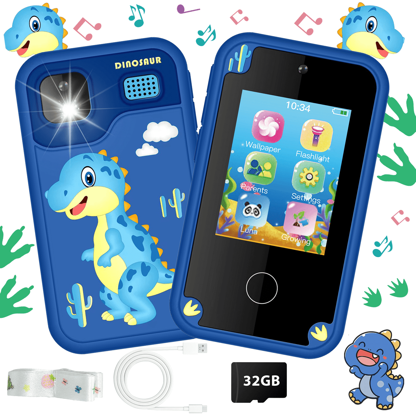 WHATOOK Kids Smart Phone Toys, Touchscreen HD Dual Camera Cell Phone for Kids, Christmas Birthday Gifts Dinosaur Toddler Play Phone for Boys 3-10, Travel Toy Preschool Learning Toy for Kids Blue
