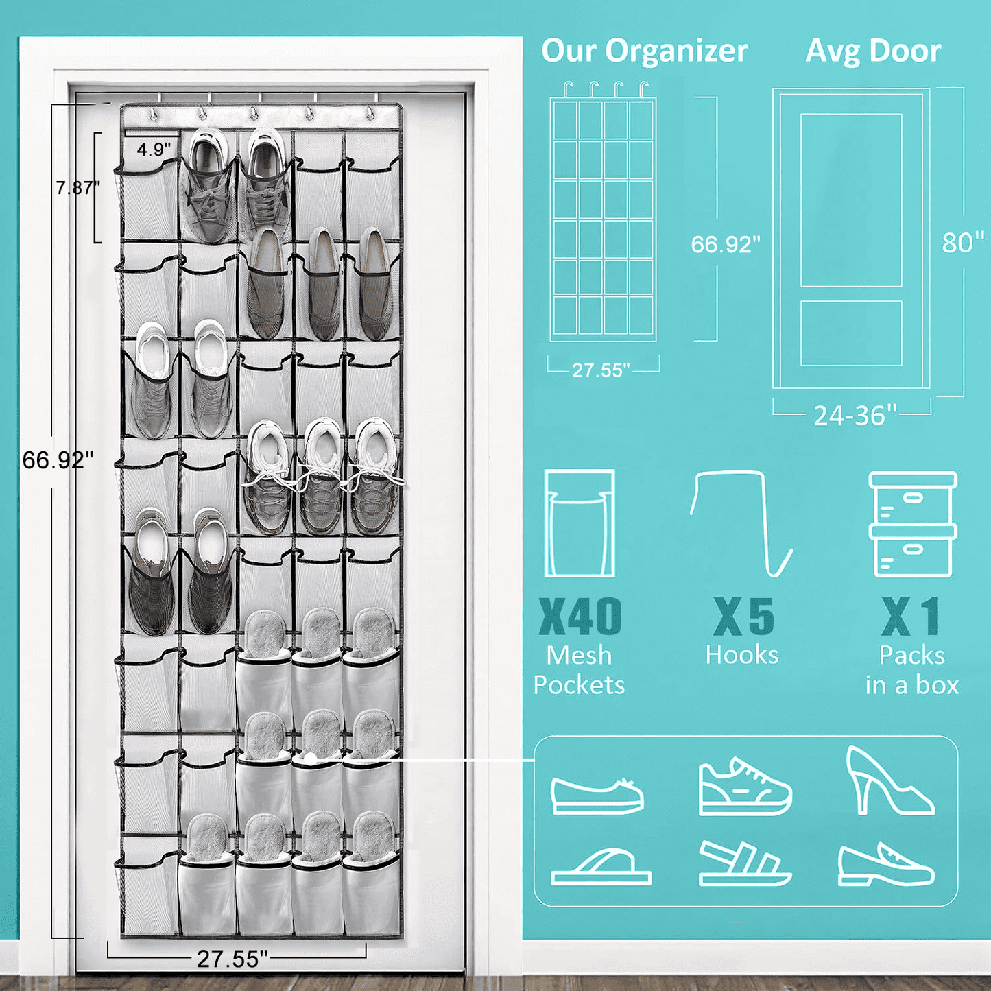 SPORTS JOY 40 Pockets Over the Door Shoe Organizer, Hanging Shoe Organizer for Door with 40 Mesh Pockets Large Capacity Shoe Hanging Storage Bag with 4 Metal Hooks (White)