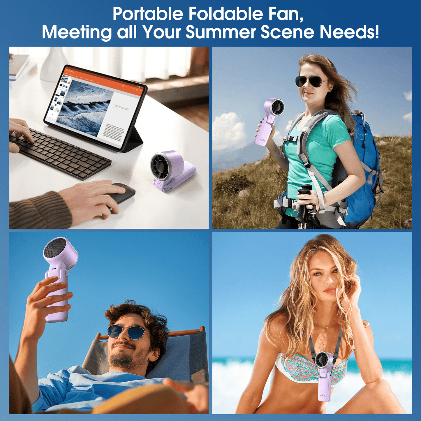 Portable Handheld Turbo Fan, 5 Gear Wind, Battery Operated, Up to 12 Working Hours, 3 IN 1 Hand Fan with Air Turbo Tech Cooling Fan for Outdoor Activities, Travel, Working(Purple)