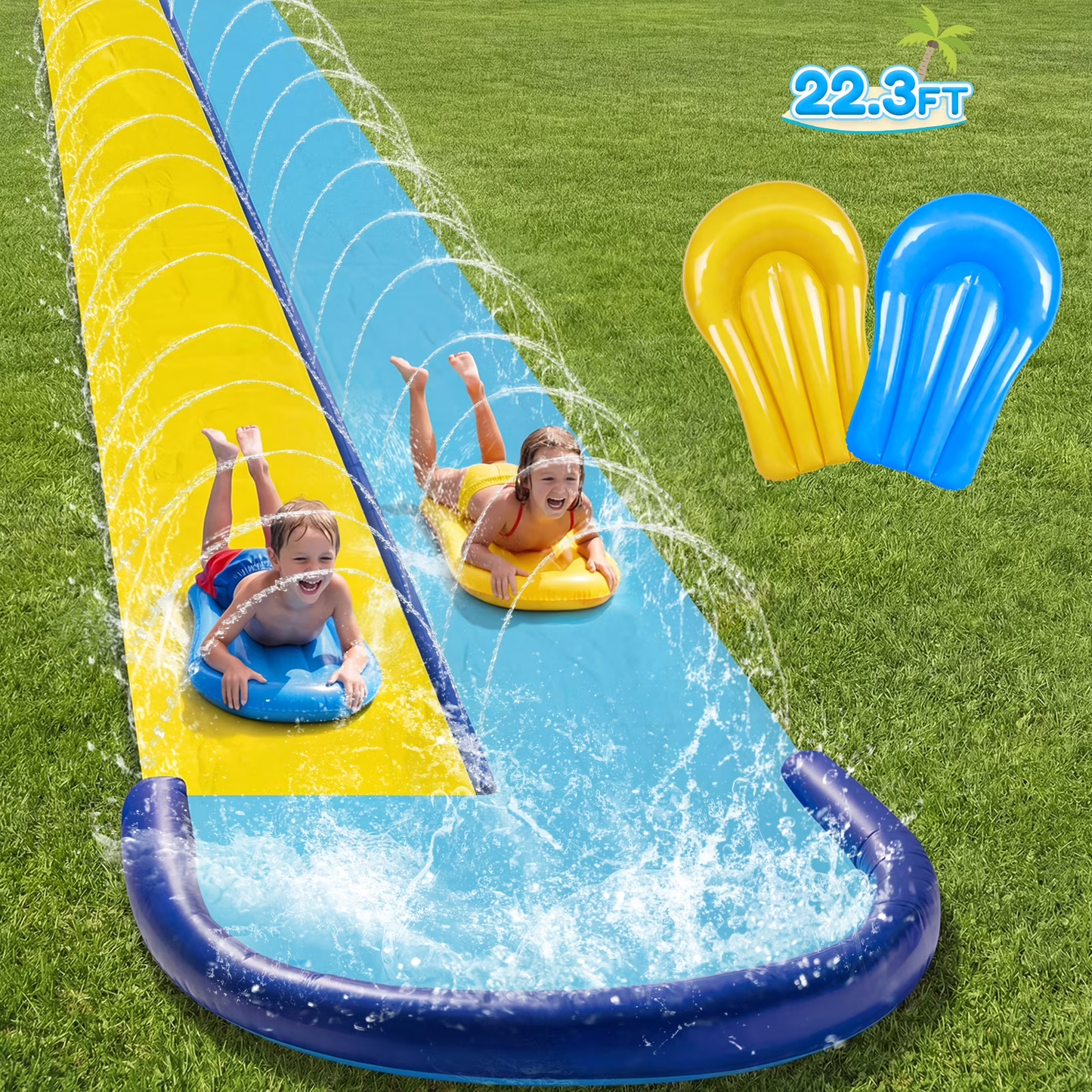 Teblint 22.3FT Double Lawn Water Slides, Heavy Duty Water Slip Splash Pad with Built in Sprinkler & 2 Bodyboards for Backyard Outdoor Water Fun Toys for Kids Adults
