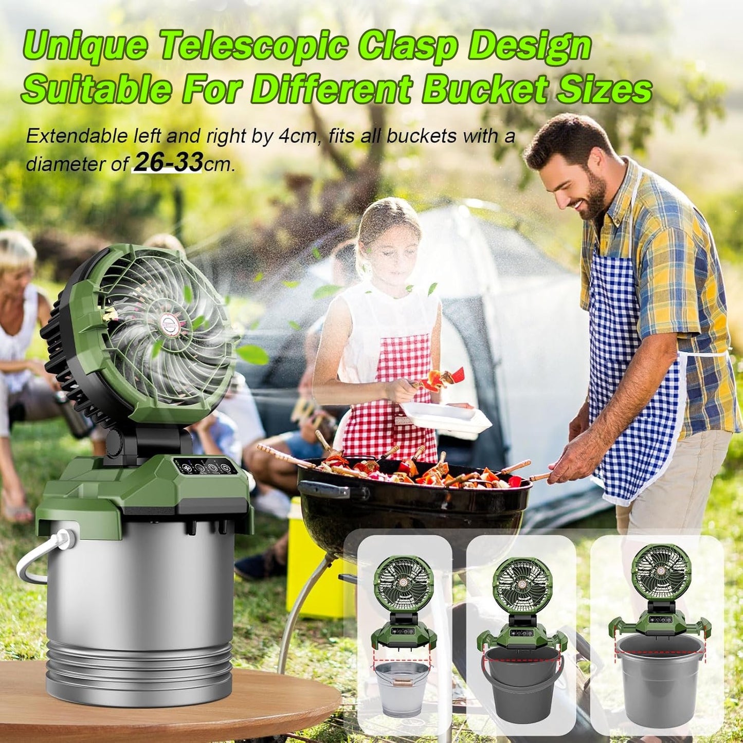 Portable Misting Fan - 30000mAh Battery Powered, 4-Speed Cooling Fan with Adjustable Spray, 120° Oscillation for Camping, Patio, Adjustable Base for 10-13in Water Tank(No Bucket Included)