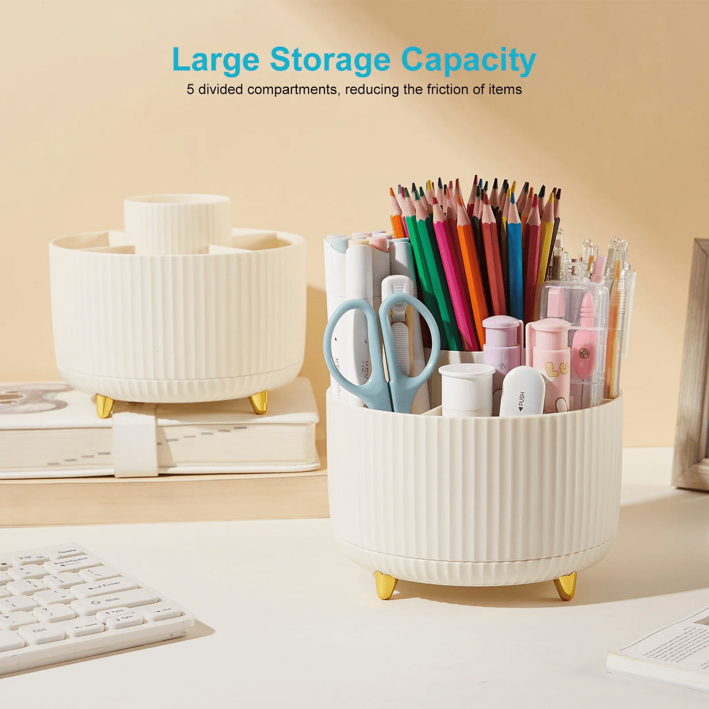 Pen Holder with 5 Slots,Makeup Brush Holder Organizer,360 Degree Rotating Pencil Holder for Desk Organizer,Office Supplies,Home(Beige)