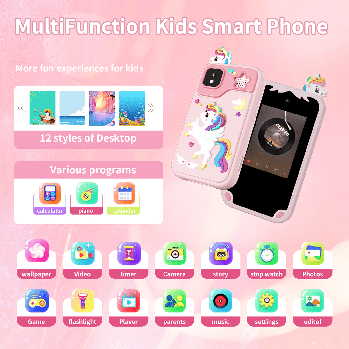 Kids Smart Phone for Girls, Christmas Birthday Gifts for Girls Age 3-10 Kids Toys Cell Phone, 2.8" Touchscreen Toddler Learning Play Toy Phone with Dual Camera, Game, Music Player, 32GB Card