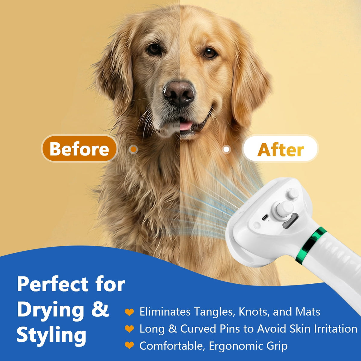 Merryhome 4-in-1 Pet Hair Dryer with Slicker Brush, 300W Dog Grooming Dryer, 3 Air Speeds, Quiet Low Noise with Overheat Protection for Dogs and Cats