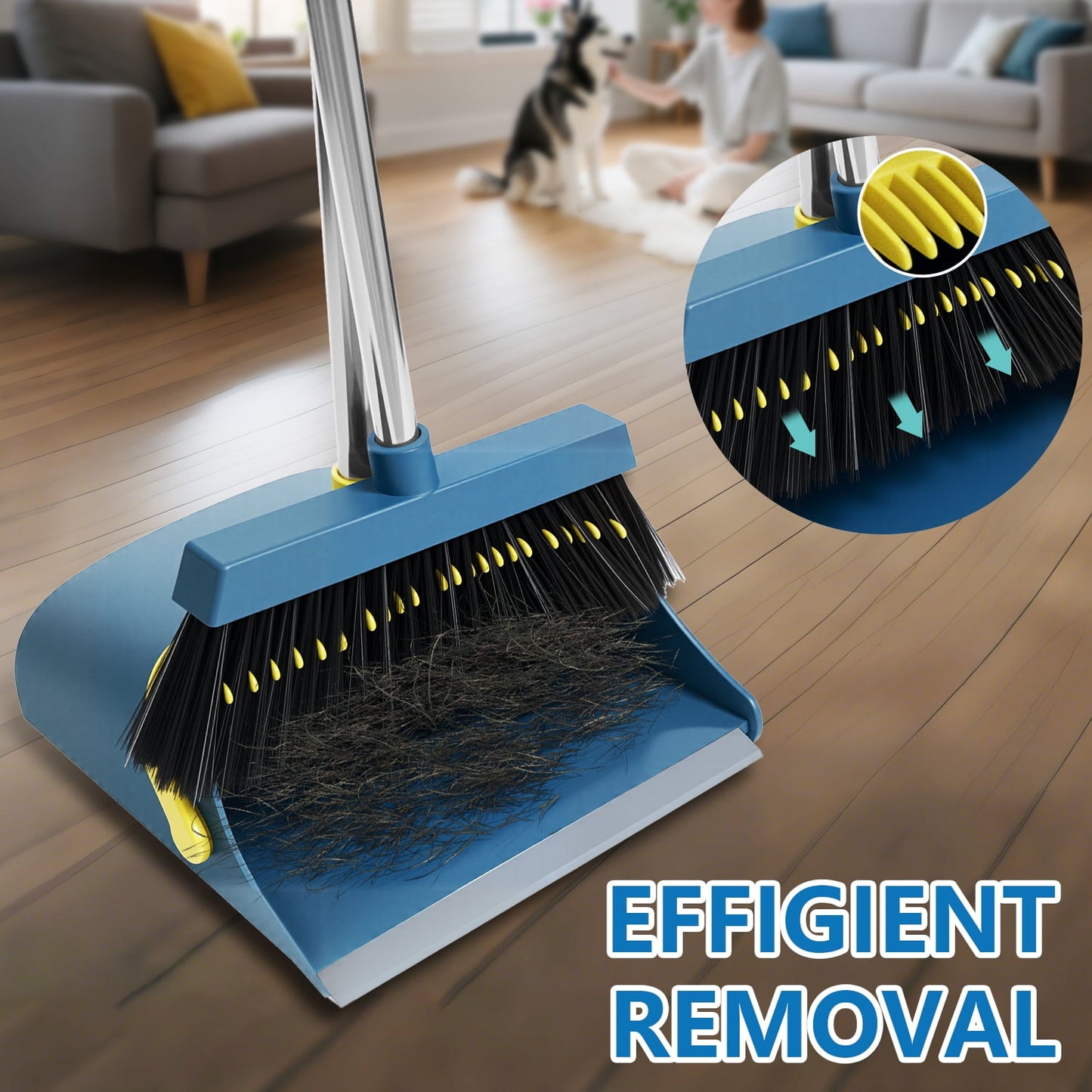 Broom and Dustpan Set, Adjustable Handle, Self-Cleaning Teeth, Space-Saving for Home, Kitchen, Office (Blue)