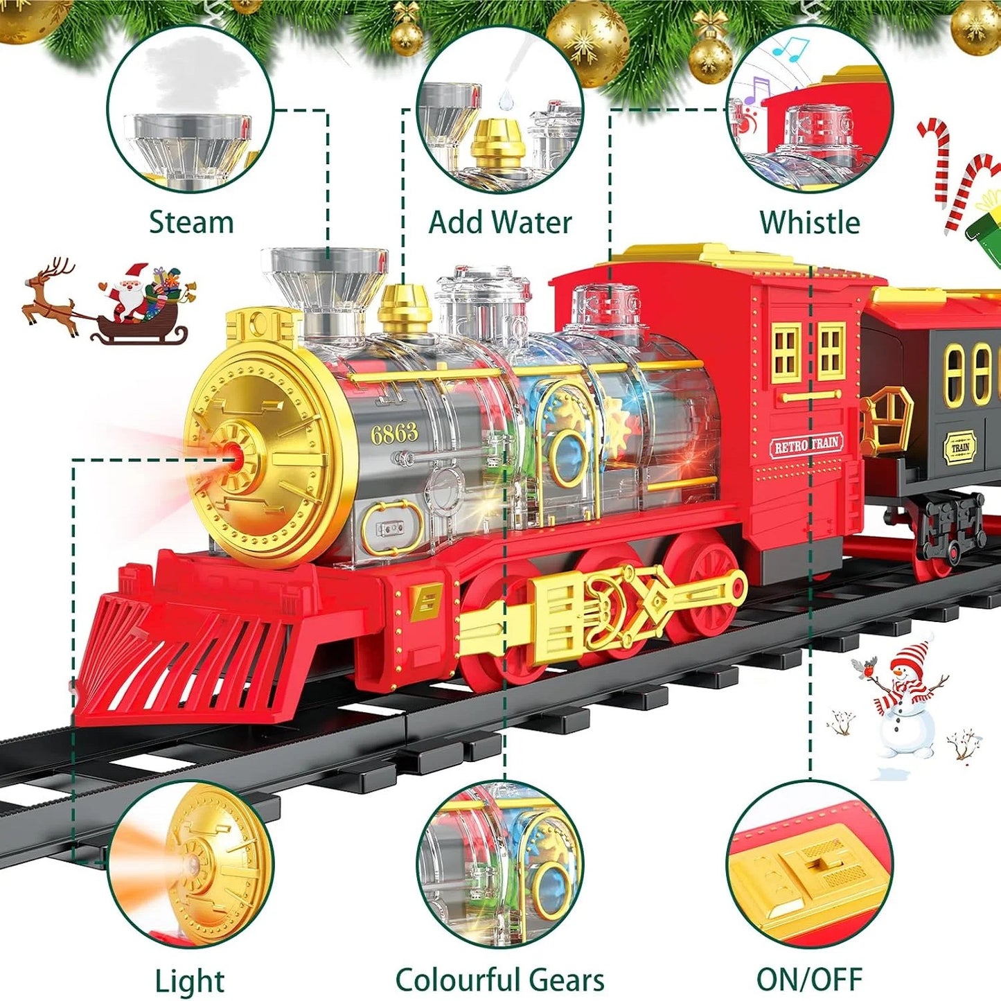 Teblint Christmas Train Set Toys, Electric Train Toys with Smoke, Lights, Sounds, Rechargeable Toy Train Steam Locomotive with Cargo Cars & Tracks Christmas Birthday Toy Train Gifts for Kids Age 3-8