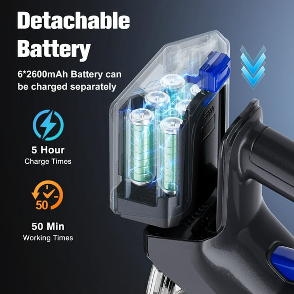 Cordless Vacuum Cleaner, 50mins Runtime, Powerful Stick Vacuum 6*2600mah Rechargeable Cordless Vacuum for Carpet, Tile, Pet Hair, Hardwood Floors, Blue
