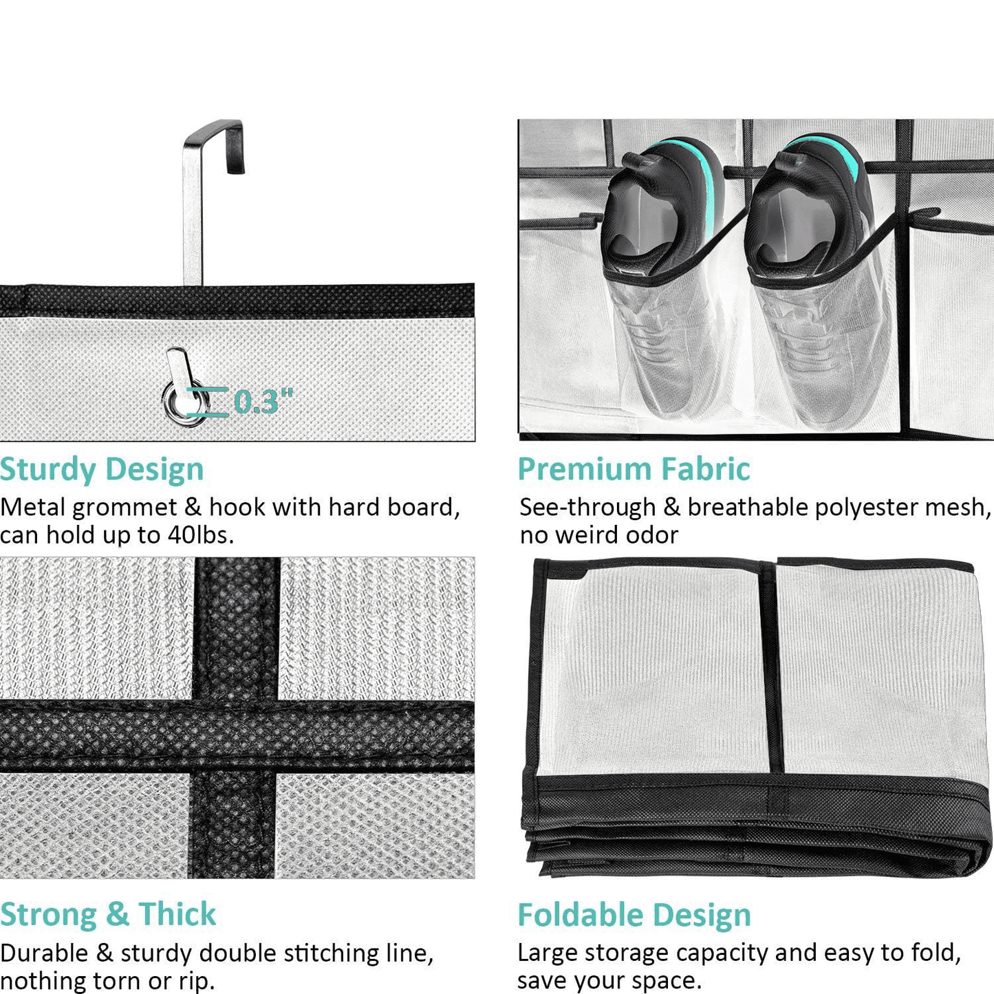 SPORTS JOY Over The Door Shoe Organizer, 28 Mesh Pockets, Holds Up to 50 lbs, Anti-scratch Heavy-duty Hooks, Shoe Storage (White)