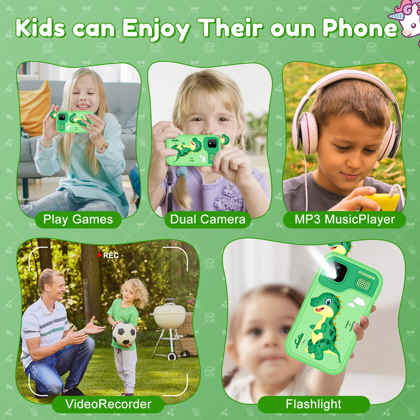 WHATOOK Kids Smart Phone, 32G Card Christmas Birthday Gifts for Age 3-10 Kids Toys Cell Phone, 2.8" Touchscreen Toddler Learning Play Toy, Dual Camera, Music Player Green