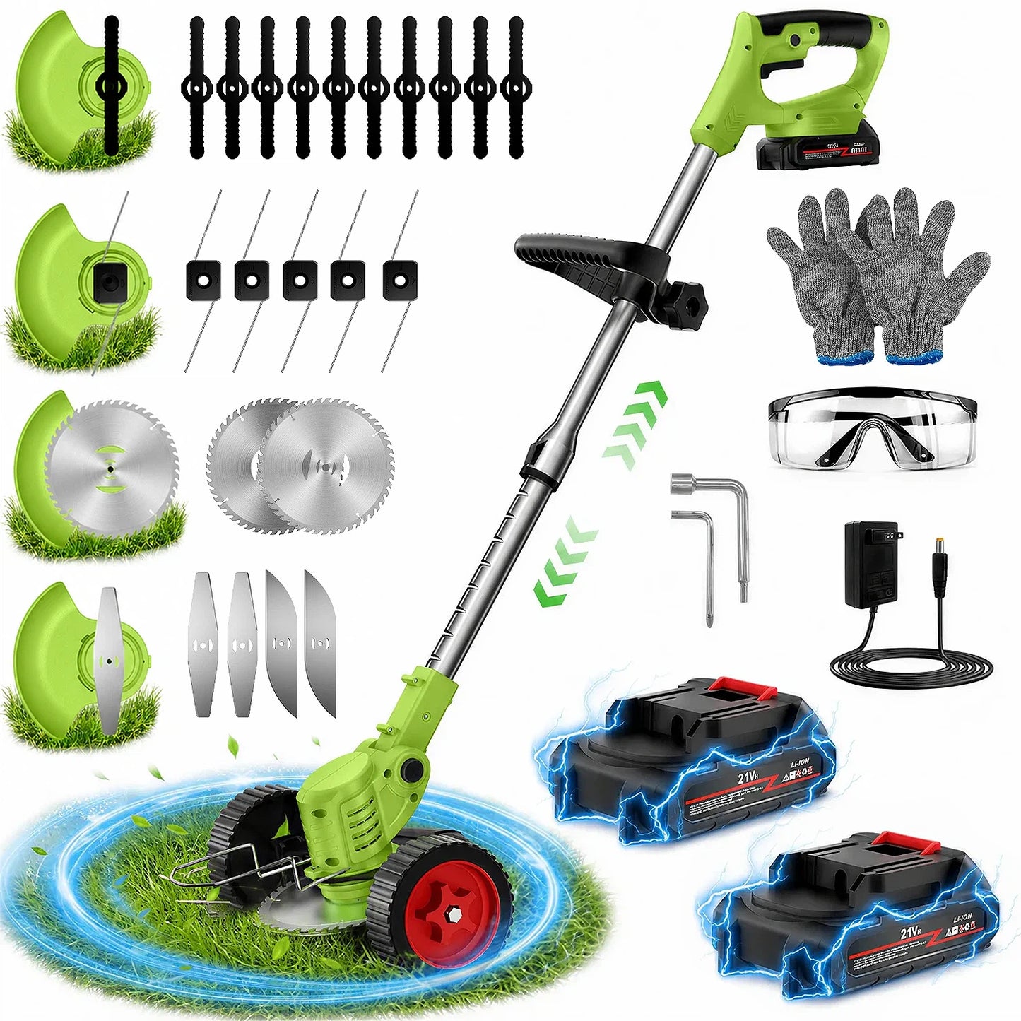 Teblint 650W Electric Weed Wacker, Cordless String Trimmer, Weed Eater Grass Trimmer/Edger/Cutter with Wheels, 2Pcs 21V Batteries, 5 Types of Blades, Adjustable Length for Lawn Yard Garden (Green)