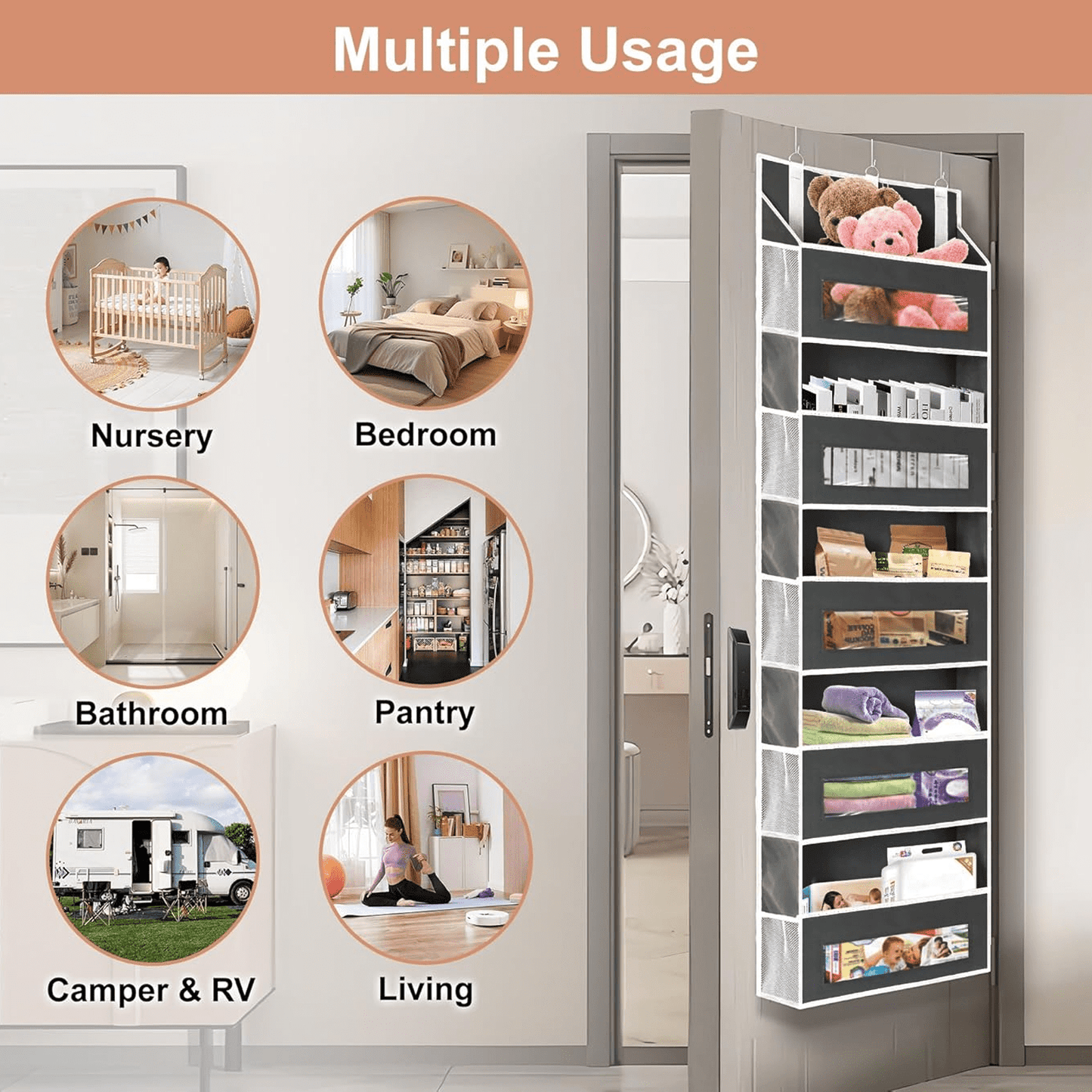 SPORTS JOY 5 Shelf Over The Door Storage with 5 Side Pockets, Anti Tilt 50lbs Load Behind Door Organizer, Hanging Closet Clear Window Storage Bag for Bedroom, Bathroom, Pantry, Kitchen (Gray)