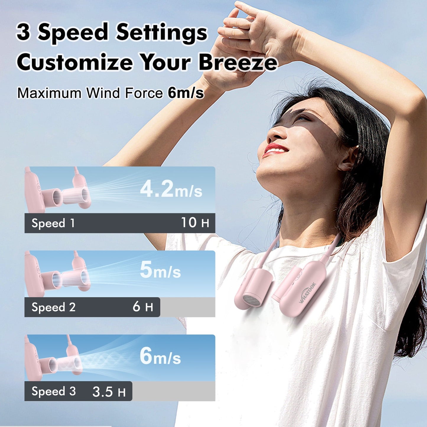 SPORTS JOY 3 Speed Portable Neck Fan, 4000mAh Hands Free Fan, Any Bend and 180° Twin-Turbo Rotation, USB Rechargeable Wearable Bladeless Fan for Sport, Student, Traveling (Pink)