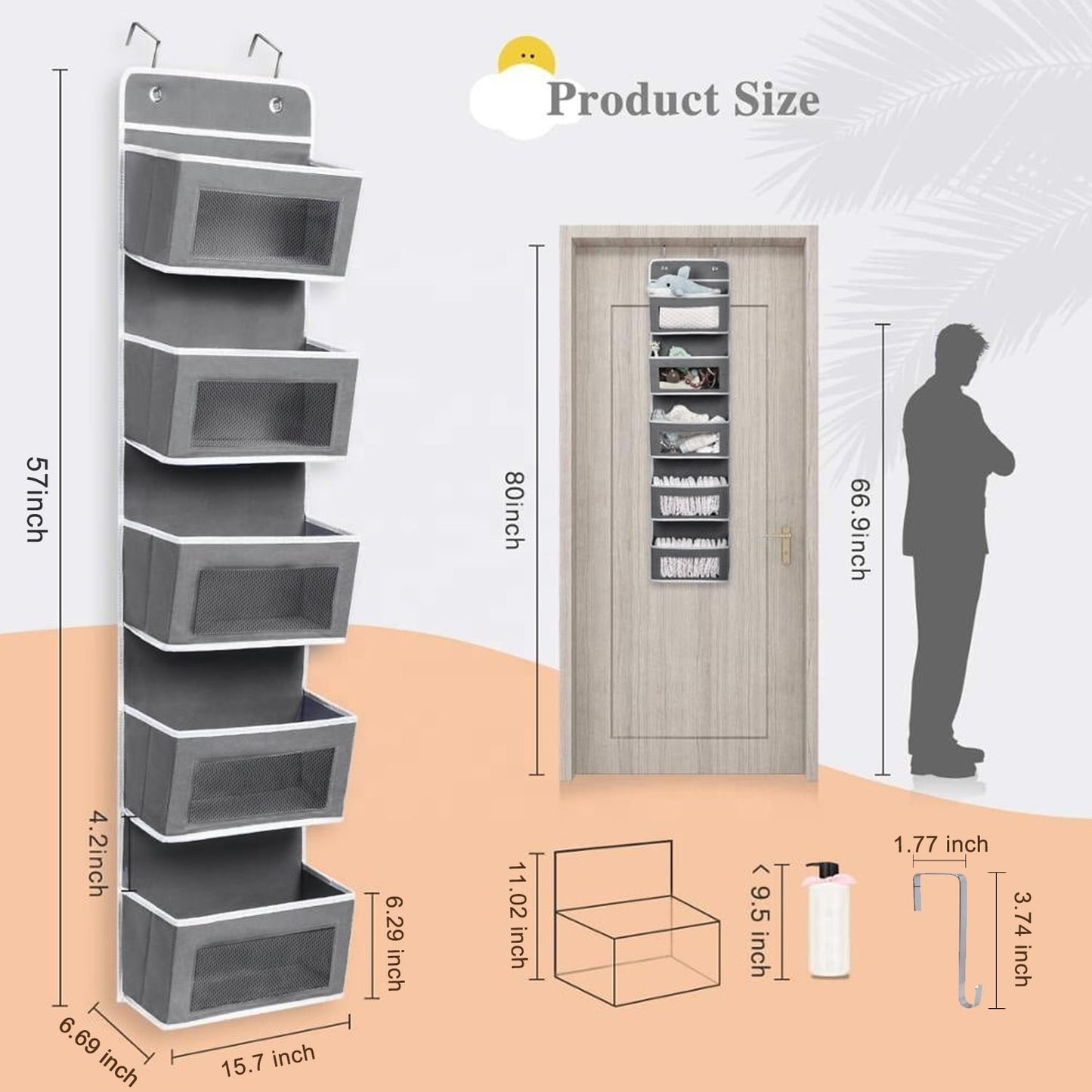 SPORTS JOY 5 Shelf Over The Door Storage with 5 Side Pockets, Anti Tilt 50lbs Load Behind Door Organizer, Hanging Closet Clear Window Storage Bag for Bedroom, Bathroom, Pantry, Kitchen (Gray)