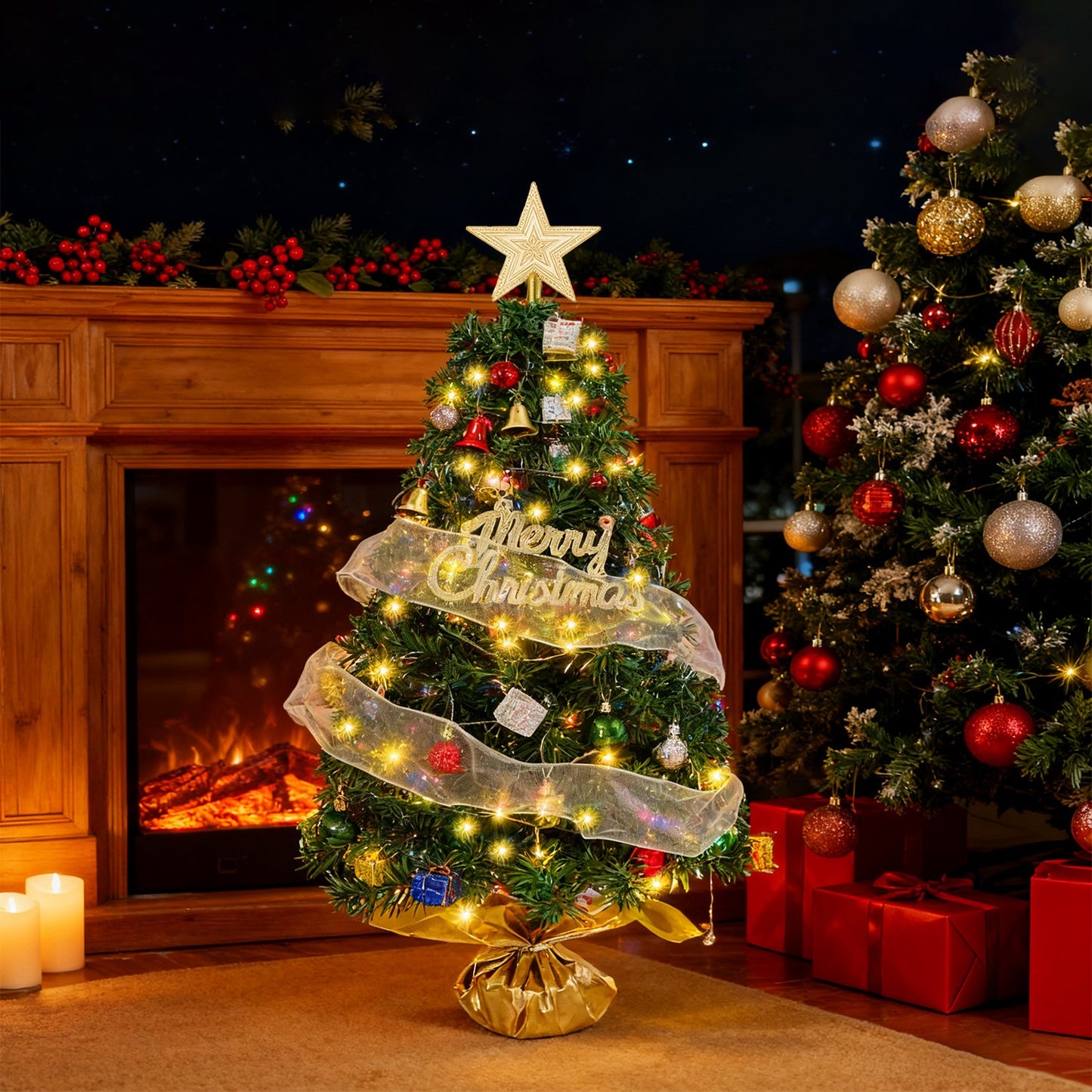Mini Tabletop Christmas Tree Kit with LED Lights, Ornaments, Gift Boxes & Star Topper – Battery Operated Holiday Decor for Home & Office